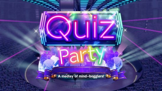 Everybody 1-2 Switch preview: the Quiz Party logo with a background of an arena
