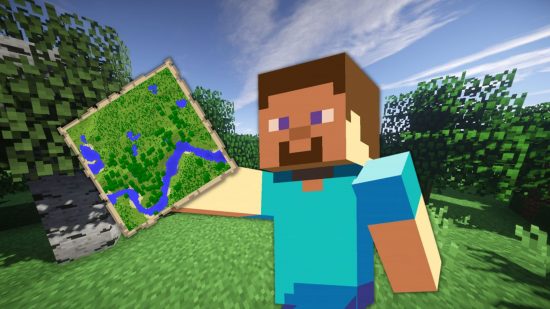 Steve holding one of the Minecraft maps in a forest area