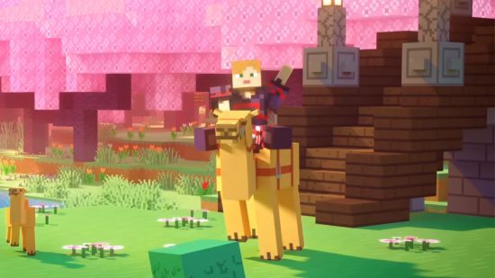 Minecraft mobs: a character riding a camel in a forest