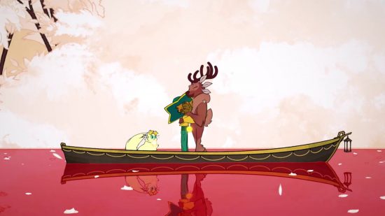 A shot from Netflix games Spiritfarer showing two characters hugging on a boat