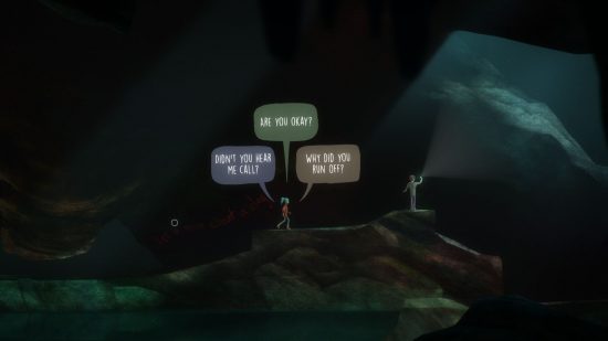 Netflix games Oxenfree: a screenshot showing different speech options for the character