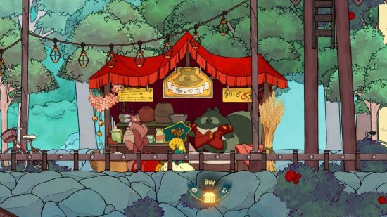 Netflix games Spiritfarer characters shopping at a stall in front of some trees