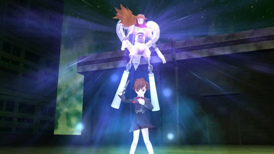 A character in Persona games Persona 3 Portable and her persona floating above her