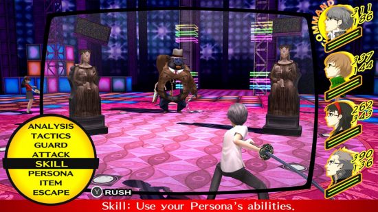 Persona games Persona 4 Golden's fight screen with a menu of options and party members on the side