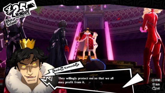 A scene in Persona games Persona 5 Royal in a luxurious castle, with a speech bubble over the top