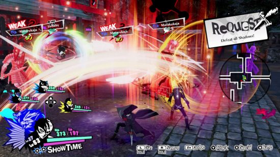A fight scene in Persona games Persona 5 Strikers with Joker and Ryuji hitting monsters