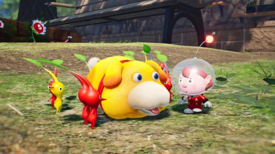 Pikmin 4 preview: a very round dog surrounded by Pikmin