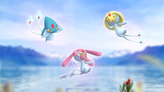 Rare Pokémon Azelf, Uxie e Mesprit che volano attraverso il cielo