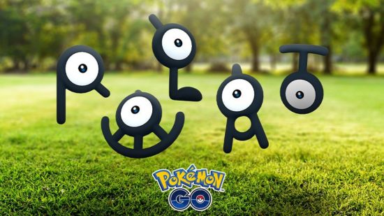 Eine Gruppe seltener Pokémon -Unowns in verschiedenen Formen