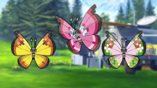 Tre rari Pokémon Vilvillons su un background forestale