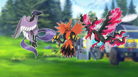 Pokémon raro Galario Legendario Birds Moltres, Articuno y Zapdos en un fondo forestal