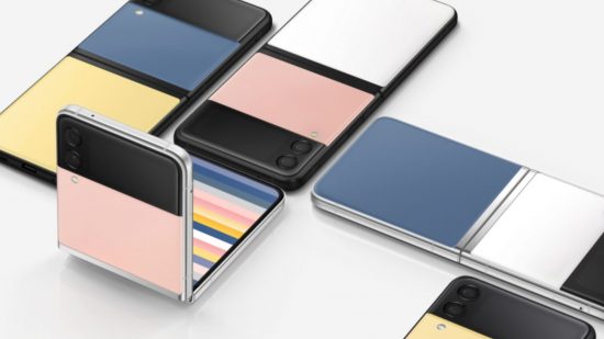 Samsung Galaxy ZFlip5 release date - A picture of various colourful Samsung Galaxy Z Flip3 phones, some folded, some unfolded, arranged a bit like dominos.