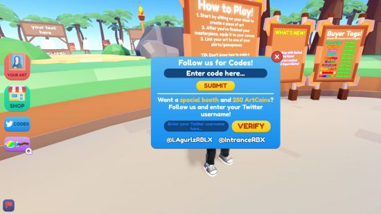 Starving Artists codes box to redeem codes in the game