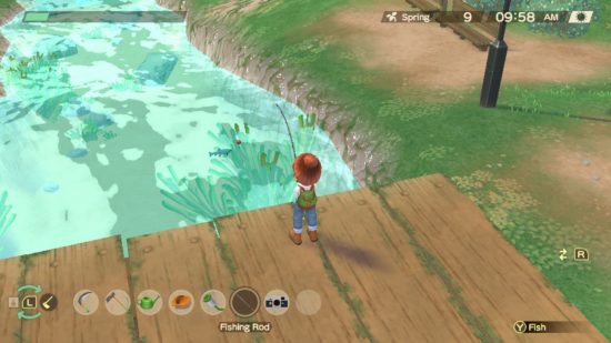 Story of Seasons A Wonderful Life review: a character fishing in a stream