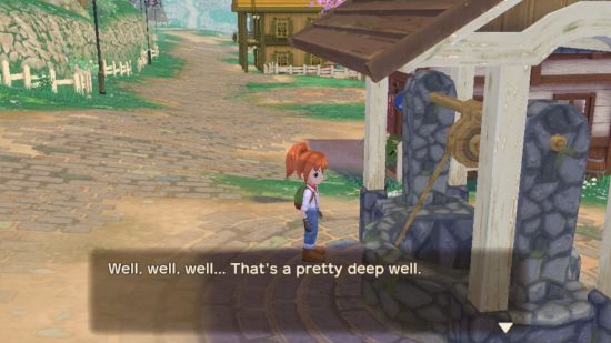 Story of Seasons A Wonderful Life review: a pun relating to wells as a character looks in a stone well