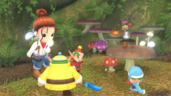 Story of Seasons A Wonderful Life review: characters inside a tree with a blue feather on the floor
