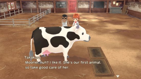 Story of Seasons A Wonderful Life review: two characters looking at a big, round, cow inside a barn