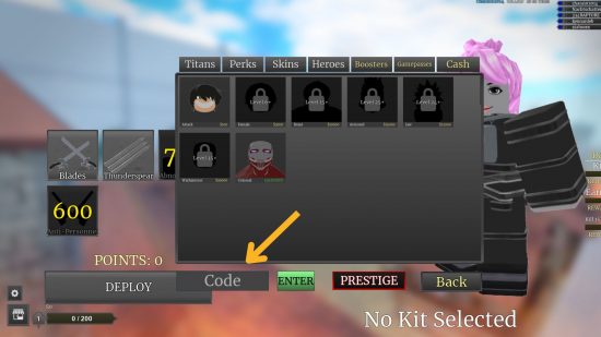 Titan Warfare codes box to redeem codes in the game