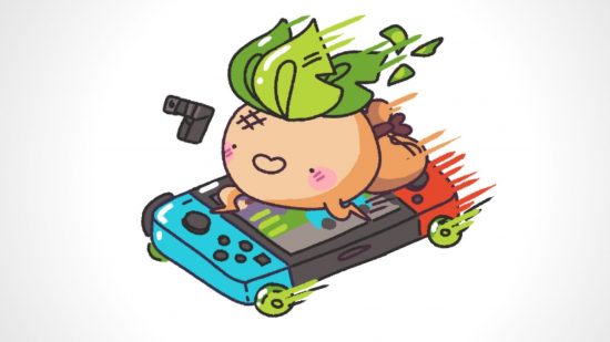 Turnip boy robs a bank release date: a cartoon drawing of Turnip Boy on a Nintendo Switch with wheels
