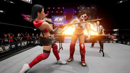 AEW Fight Forever Switch review - two female wrestlers and one is swinging a prop