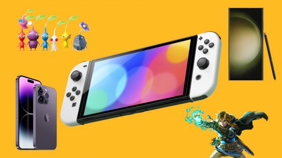 Amazon Prime Day 2023 - Pikmin, a Nintendo Switch, a Samsung phone, an iPhone, and Link from Zelda sit in front of a mango coloured background