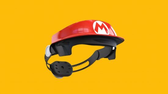 Apple AR -- an AR headset, looking sort of like a cap with a back brace, with a red top part and black bottom part, all Mario themed, with a red M in a white circle in the centre. This is all on a mango yellow background.