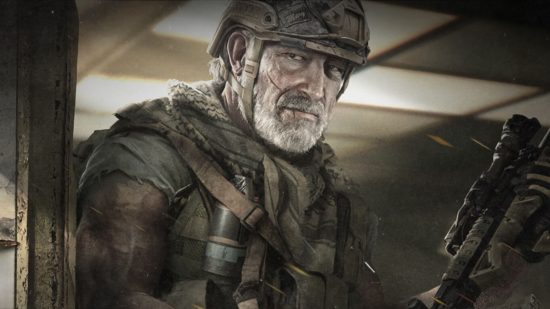 Arena Breakout pre-registration header showing a grizzled old-man with a grey beard in an army uniform and helmet, holding a gun to the ground sitting down in a sterile room.
