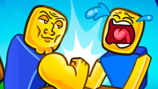 Arm Wrestle Simulator codes header showing two yellow Roblox characters (square-headed humanoids akin to Lego or Playmobil characters) in blue shirts, one looking happy and chiselled, the other crying out, as they arm wrestle in front of a blue and white explosive background.