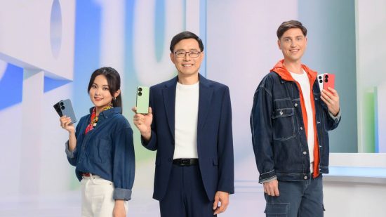 Asus Zenfone 10 release date: three Asus staff hold various versions of the Asus Zenfone 10