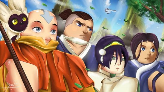 Avatar Rogue Bender codes: key art for the Roblox game Avatar Rogue Bender shows the cast of Avatar the Last Airbender in the Roblox style