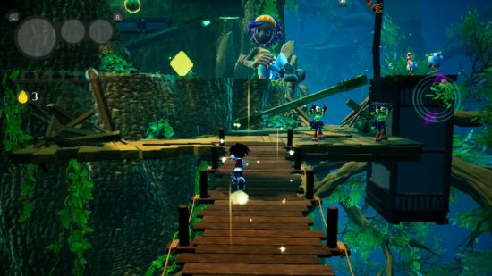bad games on switch Balan Wonderworld: a character running across a wooden bridge in a jungle