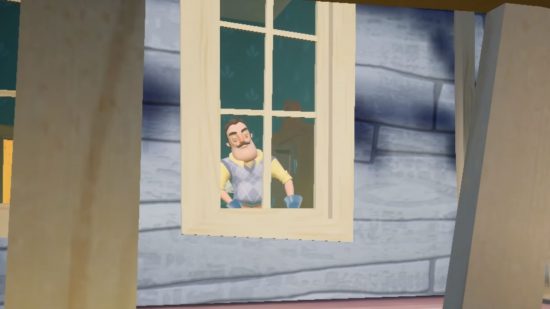 bad games on switch Hello Neighbor: a man looking out of a pixelated window