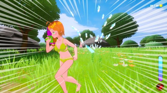 bad games on switch Waifu Impact: a bikini clad girl with a water gun in a field