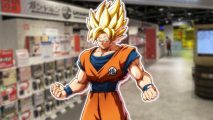 Bandai Namco Cross Store: Goku from Dragon Ball Fighterz pasted on a blurred photo of the Bandai Namco Cross Store in Osaka.