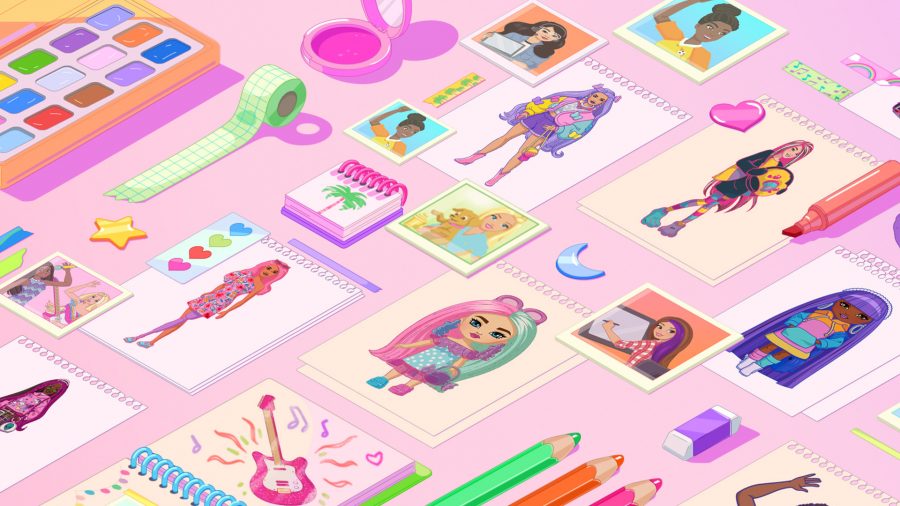 Barbie Color Creations: A flatlay of a range of craft supplies and colorful Barbie drawings arranged in an aesthetically pleasing way