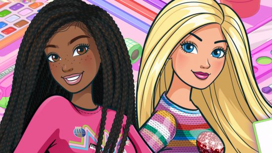 Barbie Color Creations release date: Two Barbies, one on the left with dark skinn and dark brown twist braids, and one on the right with light skin and straight, blonde hair. They are wearing colorful clothes with a lot of pink and are on a colorful background filled with art supplies