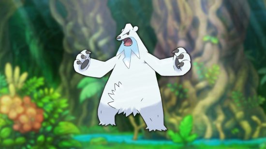 Beartic, one of the best bear pokémon on a jungle background.