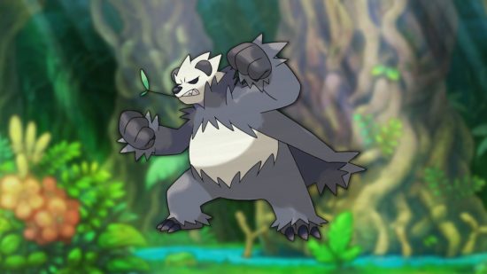 Pangoro, one of the best bear pokémon on a jungle background.