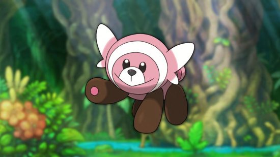 Stufful, one of the best bear pokémon on a jungle background.