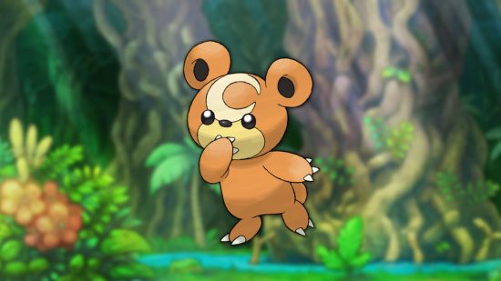 Teddiursa, one of the best bear pokémon on a jungle background.