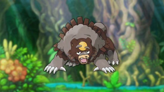 Ursaluna, one of the best bear pokémon on a jungle background.
