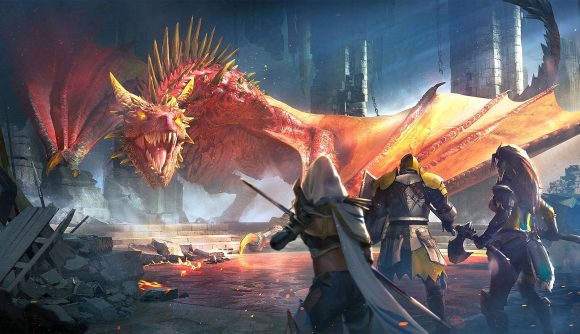 Best mobile games: Raid: Shadow Legends. Image shows a dragon near some people.