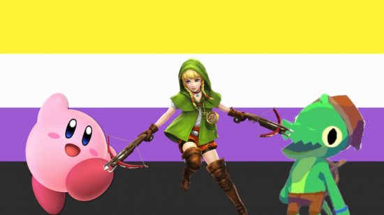 Best non-binary Nintendo characters: Kirby, Linkle, and Lil Gator, with Linkle defending both of their young friends.