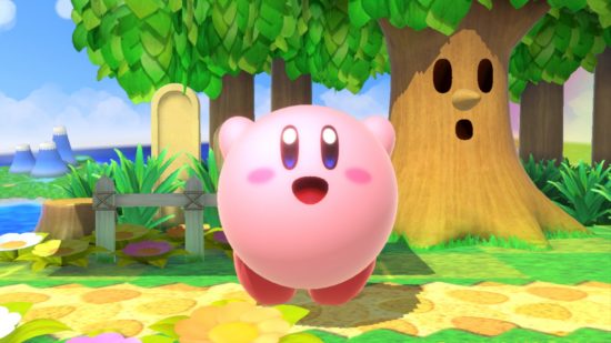 Best non-binary Nintendo characters: Kirby. Image shows Kirby standing joyfully near Whispy Woods in Super Smash Bros. Ultimate.
