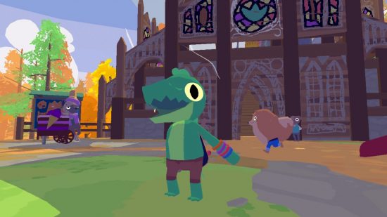 Best non-binary Nintendo characters: Lil Gator. Image shows Lil Gator standing proudly in front of a cathedral with their friends.