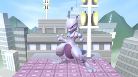 Best non-binary Nintendo characters: Mewtwo. Image shows Mewtwo standing menacingly on top of a skyscraper.