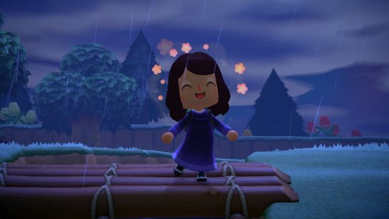 Best non-binary Nintendo characters: Animal Crossing Villager. Image shows them smiling in the rain at night.