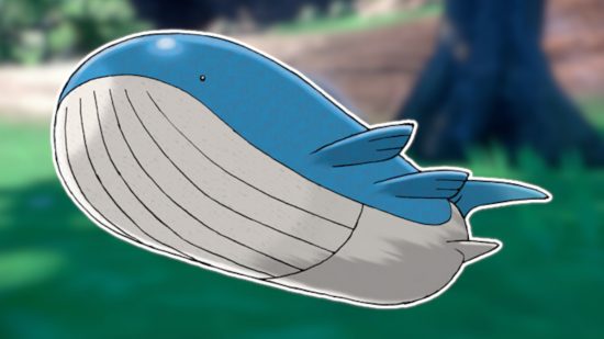 Big Pokemon: Wailord outlined in white and pasted on a blurred Pokemon screenshot background