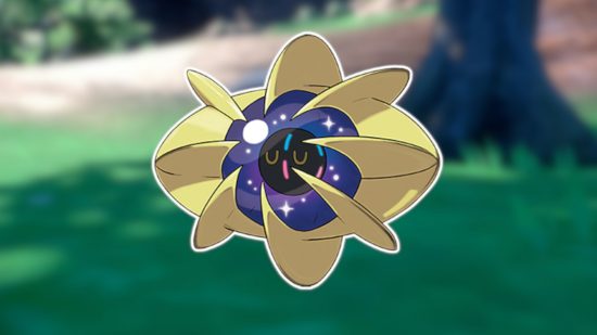 Big Pokemon: Cosmoem outlined in white and pasted on a blurred Pokemon screenshot background