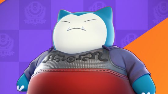 Big Pokemon: Snorlax from Pokemon Unite pulling an angry face. He is wearing samurai armor and is stood on a purple and orange background
